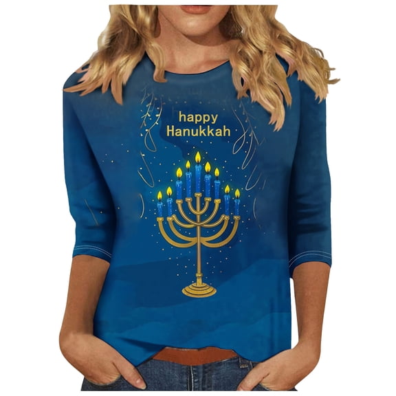 GA WEIHUA Hanukkah 3/4 Sleeve T-Shirt Womens Funny Jewish Jew Family Graphic Shirts Loose Fit Business Work Tee Top Cute Basic Tees Casual Round Neck Tunics(Multicolor,XL)