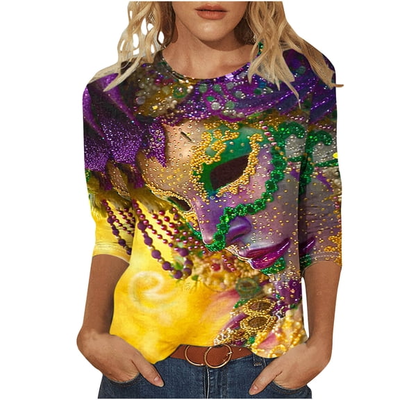 GA WEIHUA Mardi Gras Shirt Women 3D Mask Graphic Tshirt Crazy Parade Street T Shirts Fashion Carnival Themed 3/4 Length Sleeve Tee Tops(Multicolor,Tee XXL)