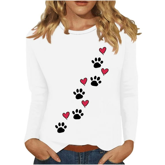 GA WEIHUA Online Deals,2025 Valentine's Day Blouses Women Mom Dog Paw Printed Long Sleeve Tops Casual Comfy Crewneck T Shirts Valentines Pet Lover T-Shirt(White,XXL)