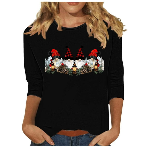 GA WEIHUA Online Deals,3/4 Length Sleeve Womens Tops Christmas Shirts Three Quarter Printed Shirts Vintage Santa Claus Graphic Tee Tops(Black,X-Large)