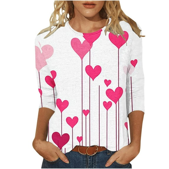 GA WEIHUA 3/4 Sleeve Shirts for Women Cute Crewneck Heart Print Tops Women's Valentines Day Shirt Graphic Tee Plus Size Tunic Tops Soft Comfy Blouses(White,XXL)