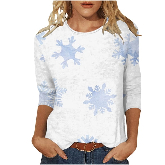 GA WEIHUA Christmas Shirts For Women 3/4 Sleeve Crewneck Basic Tees Cute Snowflake Graphic Blouses Tops Casual Shirts t shirts for women(Light Blue,Medium)