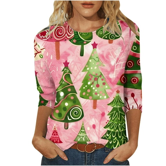 GA WEIHUA Online Deals,Fall Tops For Women Merry Christmas Cute Tshirts Santa Claus Casual Printed T-Shirt Blouses Ugly Christmas Shirt womens blouses(Gray,Small)