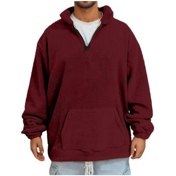GA WEIHUA Online Deals,Mens Fuzzy Sherpa Sweatshirt Quarter Zip Warm Fleece Sweatshirts Chunky Fall Winter Thermal Pullover Casual Sweater(Wine,M)
