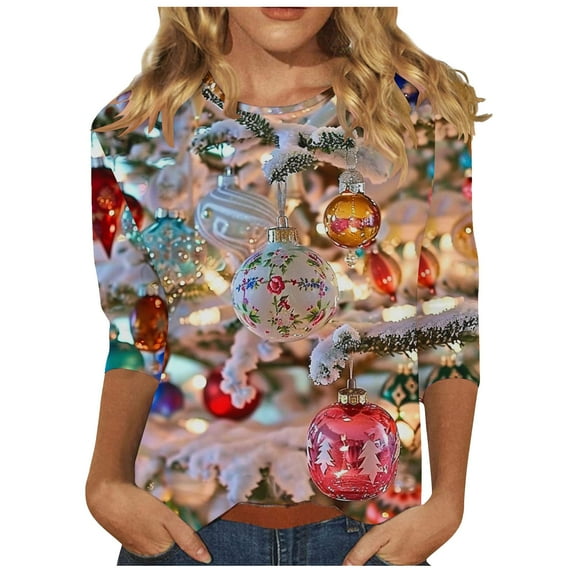 GA WEIHUA Online Deals,Women Sequin Sparkle Tops Xmas Tree Shimmer Glitter Shirt 3/4 Sleeve Cute T-Shirt Blouses Merry Christmas Shirts Golf Shirts for Woman(Red,XX-Large)