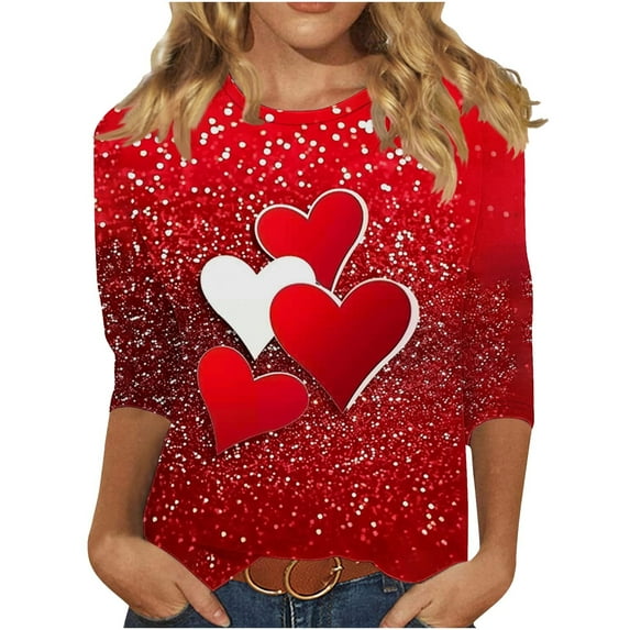 GA WEIHUA Online Deals,Women's 3/4 Sleeve Shirts Cute Love Rose Butterfly Print Tops Trendy Valentine's Day Crewneck T Shirts Casual Fashion Tops Funny Blouse(Multicolor,XXL)