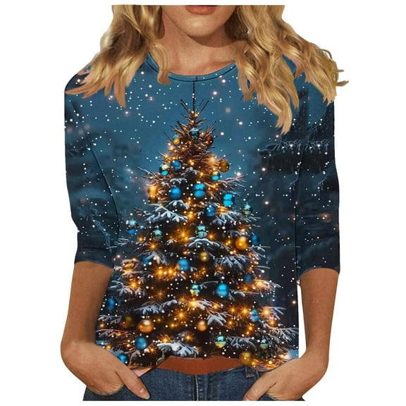 GA WEIHUA Womens Christmas Shirts 3/4 Length Sleeve Casual Blouses Crew Neck Christmas Tree Tees Xmas Print Holiday Tops(Red,XX-Large)