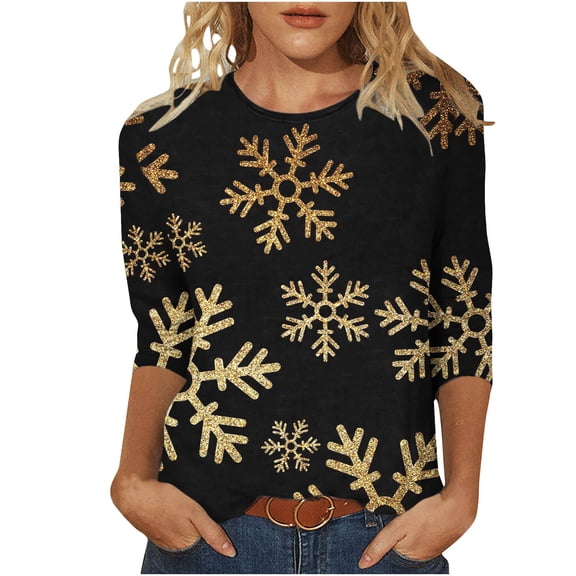GA WEIHUA Womens Christmas T-Shirt Snowflake Vintage Graphic Tunic Tops Blouses 3/4 Length Sleeve Athletic T-Shirts Tops Christmas shirts for women(Gold,XX-Large)