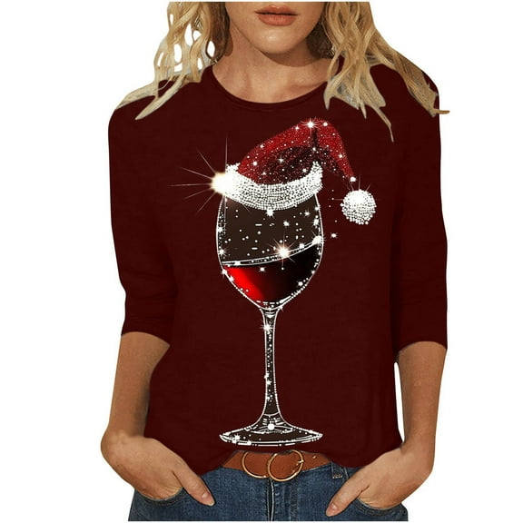 GA WEIHUA Womens Vintage Christmas Shirts Wine Glass Graphic Tee Tops 2024 Casual Crewneck 3/4 Sleeve Tops Tees Blouses short sleeve shirts for women(Wine,Small)