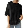 thumbnail image 1 of GA WEIHUA Plus Size Cotton Linen Shirt Women Lace Boho Embroidered Tops Round Neck 3/4 Sleeve T Shirts Solid Color Soft Loose Blouse Tunics(Black,L）, 1 of 8