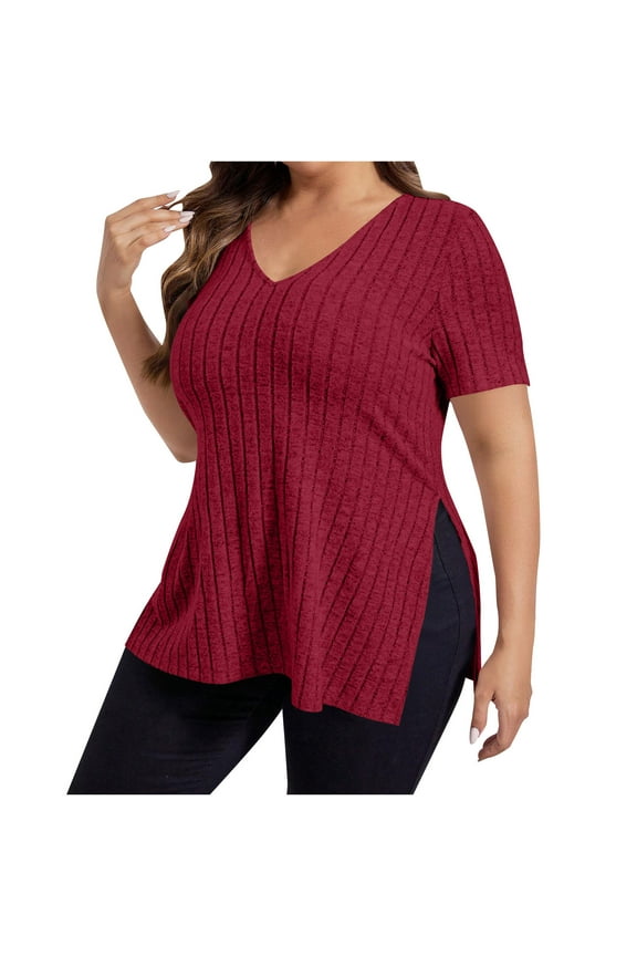 Plus-Size-Tops-for-Women Side Split Tunic Shirts Summer V Neck Short Sleeve Blouse Casual Oversized Tunics Ribbed Knit Pullover Sweaters(Red,XXXXXL)