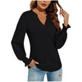 thumbnail image 1 of GA WEIHUA Puff Long Sleeve Tops for Women Causal Waffle Knit V Neck Shirts Solid Color Ruffle Tunic Top 2024 Fall Outfits Fashion Clothes Basic Tee Tops Blouse,Black,XXL, 1 of 3