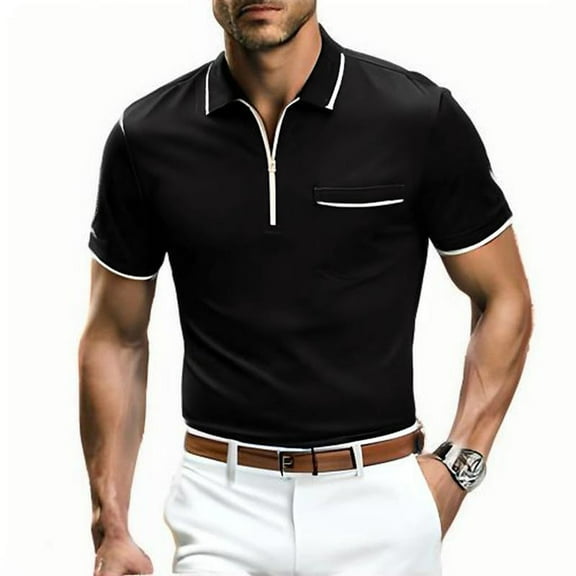 GA WEIHUA Quarter Zipper Shirts Men Short Sleeve Casual T Shirts Classic Button Collared Golf Polo Shirt Casual Slim Fit Summer Tops(Black,XXXL)