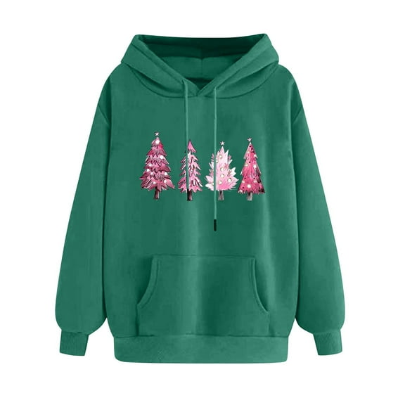GA WEIHUA Reduced,Christmas Sweatshirts for Women Merry Christmas Pink Tree Graphic Hoodie Oversized Fleece Hoodies Xmas Holiday Sweater with Pocket(Green,M)