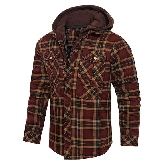 GA WEIHUA Reduced,Men's Quilted Lined Flannel Jacket Coat Long Sleeve Plaid Coats Thick Heavyweight Hoodie Trendy Full Zip Shacket(Red,XXL)