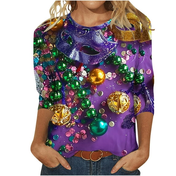 GA WEIHUA Reduced,Novelty Mask Print Graphic Tees for Women Fashion Mardi Gras Shirts 3/4 Length Sleeve Womens Tops Basic Crew Neck Carnival Party Blouses(Multicolor,Shirt M)