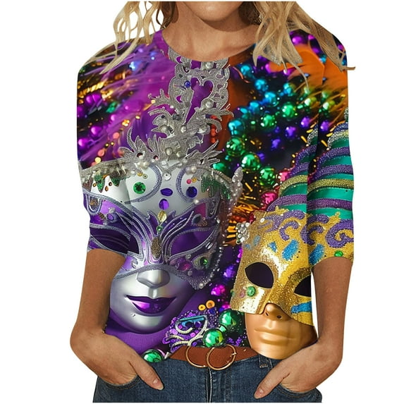 GA WEIHUA Reduced,Novelty Mask Print Graphic Tees for Women Fashion Mardi Gras Shirts 3/4 Length Sleeve Womens Tops Basic Crew Neck Carnival Party Blouses(Multicolor,Shirts L)