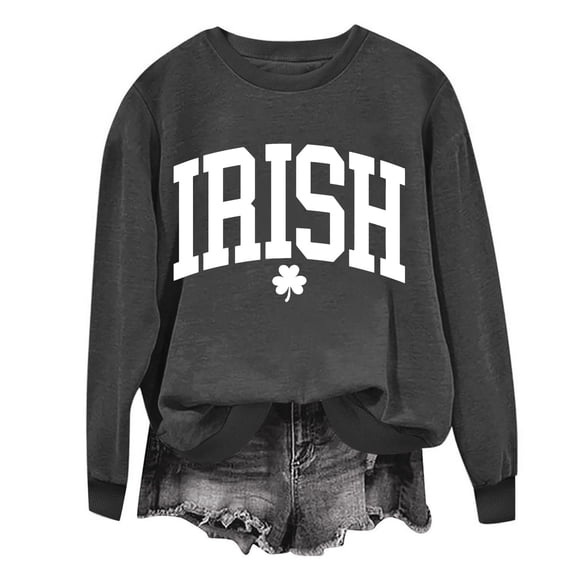 GA WEIHUA Reduced,St Patricks Day Sweatshirt Women Long Sleeve Irish Lucky Four Clover Sweatshirts 2025 Shamrock Clover Print Shirts Casual Loose Fit Gift Tops(Dark Gray,M)