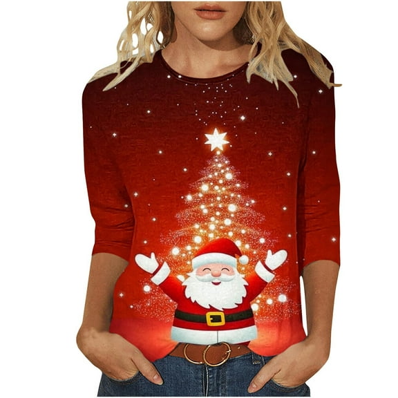 GA WEIHUA Reduced,Women's 2024 Fashion Tops 3/4 Sleeve T-Shirts Vintage Christmas Graphic Crewneck Basic Holiday Tees Blouses(Wine,Large)