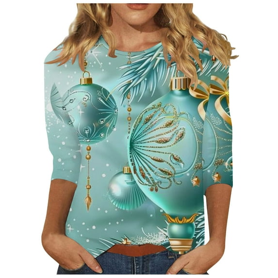 GA WEIHUA Reduced,Women's 3/4 Sleeve Raglan Printed T Shirt Funny Christmas Tunic Tops Blouse Merry Christmas Glitter Graphic Tees(Blue,XX-Large)