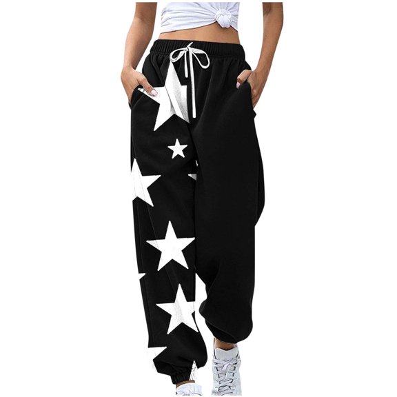 GA WEIHUA Reduced,Women's High Waisted Drawstring Waist Sweatpants Star Print Wide Leg Hiking Joggers Casual Sweatpant with Pockets(Black,Small)