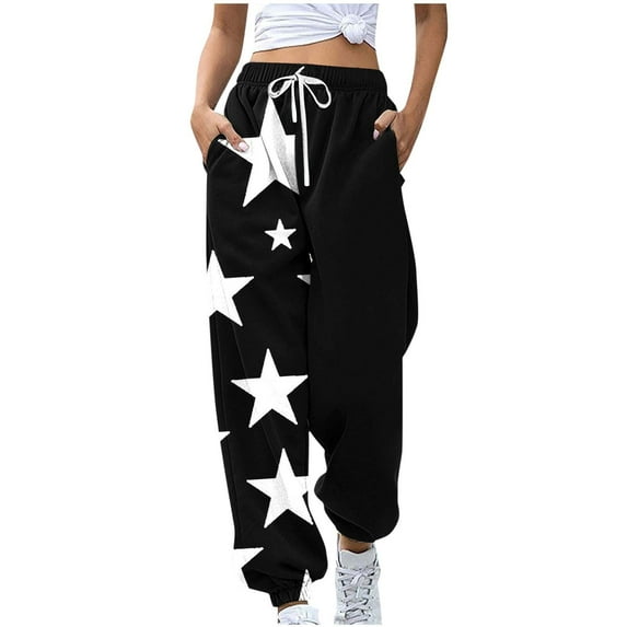 GA WEIHUA Reduced,Women's High Waisted Drawstring Waist Sweatpants Star Print Wide Leg Hiking Joggers Casual Sweatpant with Pockets(Black,Small)