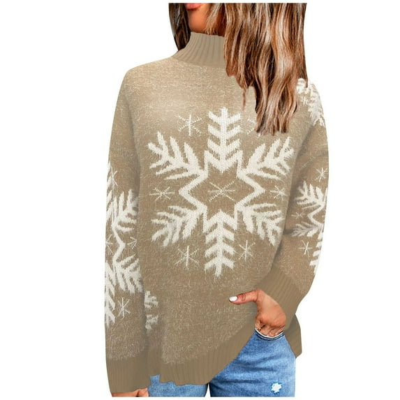 GA WEIHUA Reduced,Women's Ugly Christmas Sweaters Snowflake Long Sleeve Holiday Sweater Knit Xmas Mock Neck Pullover Casual Tunic Tops(Khaki,XL)