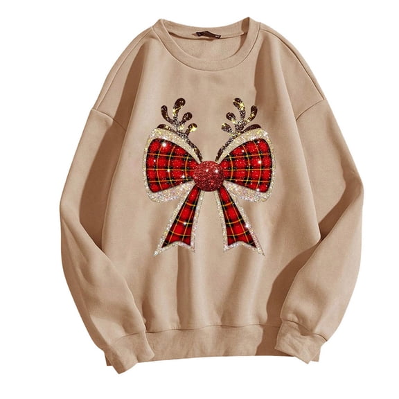 GA WEIHUA Reduced,Womens Fashion Sweatshirt Long Sleeve Merry Christmas Crewneck Tops Casual Santan Bow Pullover Sweatshirts Casual Holiday Graphic Shirts(Khaki,XL)