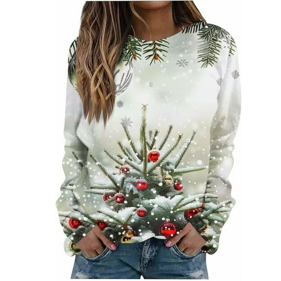 GA WEIHUA Reduced,Womens Long Sleeve Tops Crewneck Sweatshirt Lightweight Merry Christmas Shirts Retro Santa Tshirt Fall Clothes(White,Small)