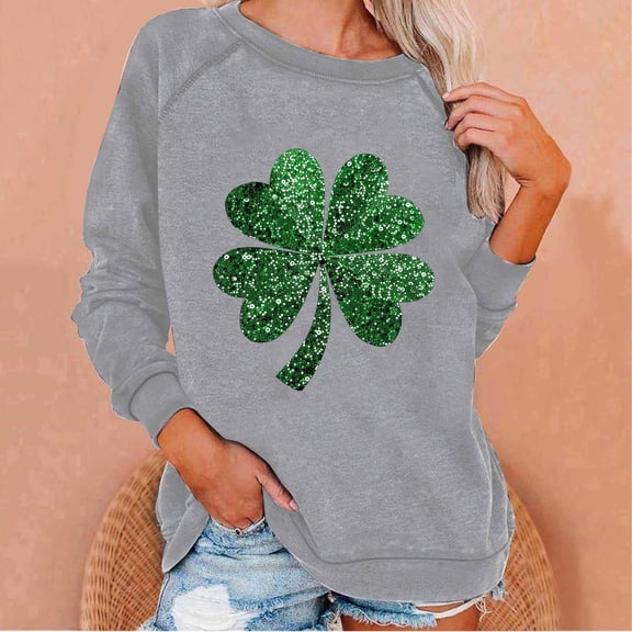 GA WEIHUA ReducedHappy St. Patrick's Day Sweatshirts Women Cute Long Sleeve Crewneck Shirts Casual Loose Clover Shamrock Graphic Tops Irish Gift Pullover(Gray,M)