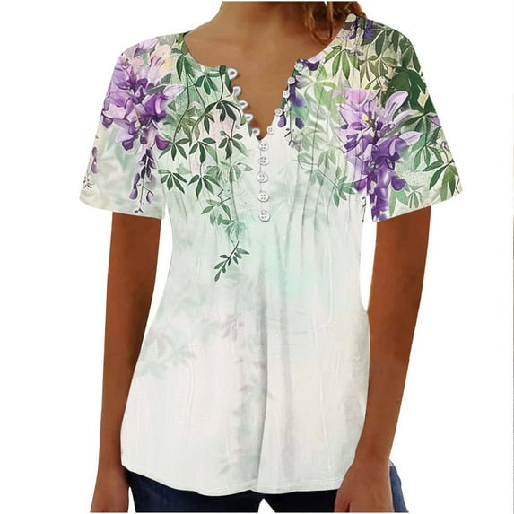 GA WEIHUA Saving 2024! Summer Floral Short Sleeve Tops Women V Neck Button Down Tees Baisc Clothings Fshion Blouses,Multicolor,S