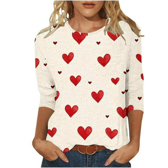 GA WEIHUA Saving,2025 Valentine's Day Shirts Women Comfy 3/4 Sleeve T Shirts Cute Love Heart Graphic Tees Blouses(Beige,XXL)
