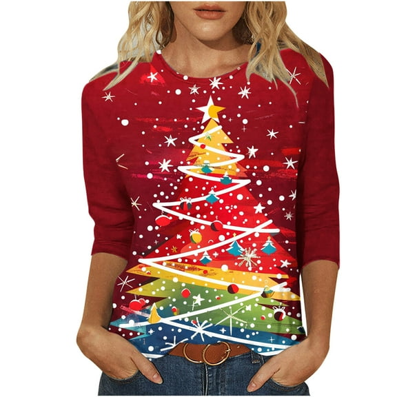 GA WEIHUA Saving,3/4 Length Sleeve Womens Tops Round Neck Casual Tunic Tops Basic Christmas Shirts Loose Fit Xmas Tree Tee Tops(Red,Large)