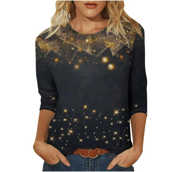 GA WEIHUA Saving,3/4 Sleeve Tops for Women Trendy Crewneck Shirts Ladies Button Blouses Basic Graphic Sparkle Tees Loose Sequin Blouse Trendy Clothes(Black,Blouses S)