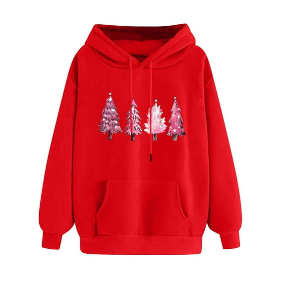 GA WEIHUA Saving,Christmas Sweatshirts for Women Merry Christmas Pink Tree Graphic Hoodie Oversized Fleece Hoodies Xmas Holiday Sweater with Pocket(Red,M)