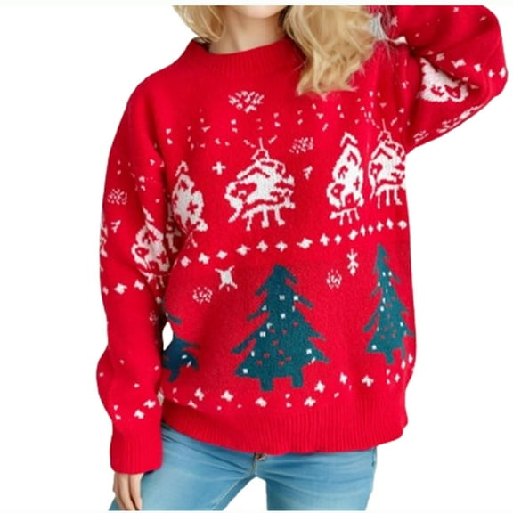GA WEIHUA Saving,Cute Christmas Tree Sweater for Women Oversized Long Sleeve Crewneck Pullover Shirts Novelty Xmas Santa Hat Tunic Tops(Red,S)