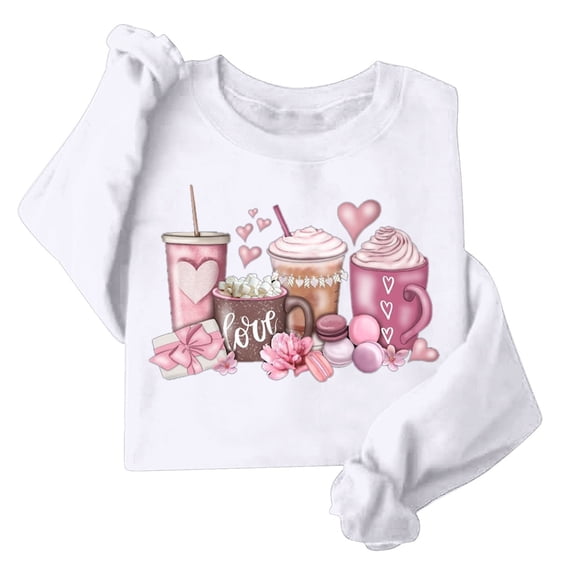 GA WEIHUA Saving,Cute Coffee Heart Graphic Sweatshirt Women Valentine's Day Sweatshirts Casual Long Sleeve Valentine Pullover Tops Holiday Girl Friend Gift T Shirt(White,XS)