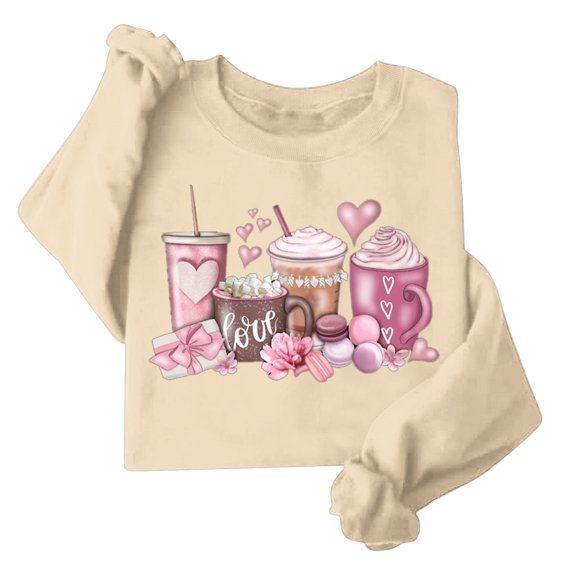 GA WEIHUA Saving,Cute Coffee Heart Graphic Sweatshirt Women Valentine's Day Sweatshirts Casual Long Sleeve Valentine Pullover Tops Holiday Girl Friend Gift T Shirt(Khaki,M)