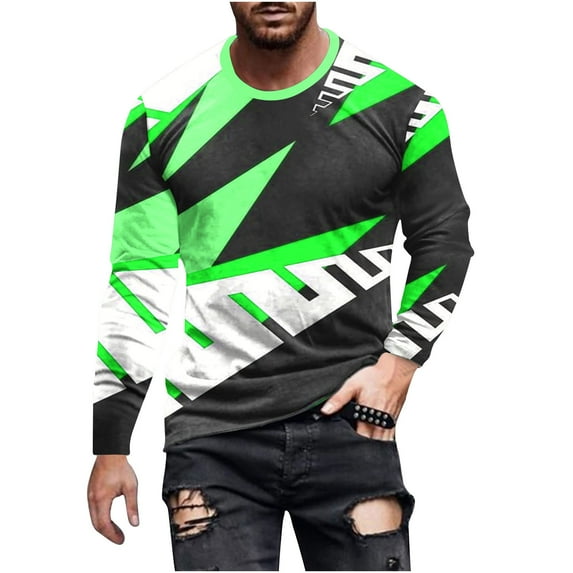 GA WEIHUA Saving,Long Sleeve Tops Men 3D Printing Casual Funny T Shirts Color Block Round Neck Shirt Graphic Abstract Fashion Tees Sports Athletic Tee Blouse Streetwear(Green,S)