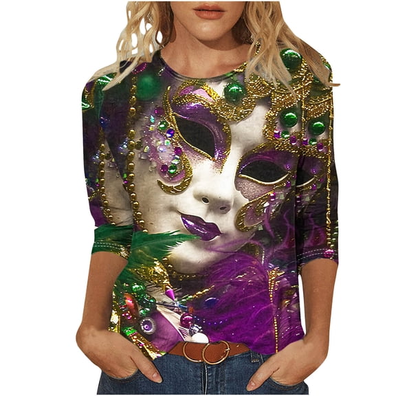 GA WEIHUA Saving,Mardi Gras Shirt Women 3D Mask Graphic Tshirt Crazy Parade Street T Shirts Fashion Carnival Themed 3/4 Length Sleeve Tee Tops(Multicolor,Shirt M)