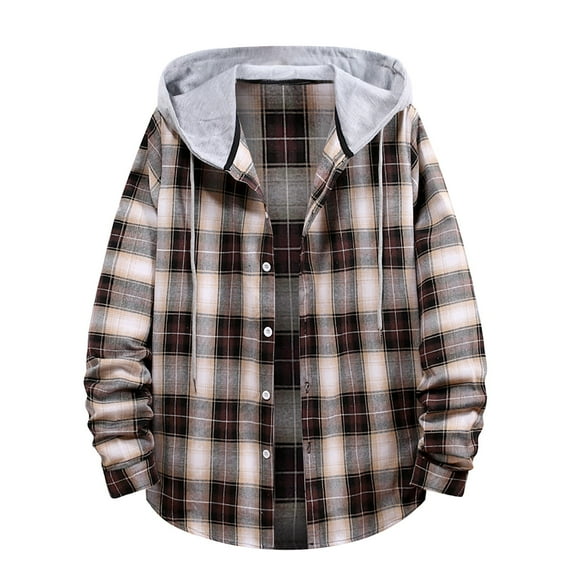 GA WEIHUA Saving,Men's Flannel Hoodie Shirts Casual Long Sleeve Plaid Jacket Classic Fit Button Down Fall Fashion Shirt(Coffee,XXL)