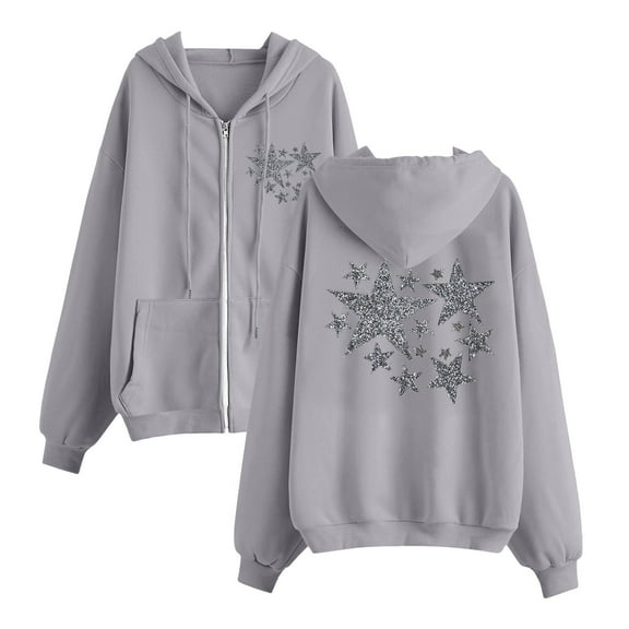 GA WEIHUA Saving,Oversized Sweatshirt for Women Drop Shoulder Long Sleeve Fleece Pullover Trendy Full Zip Up Hoodies Casual Printed Pullover Top(Gray,XX-Large)