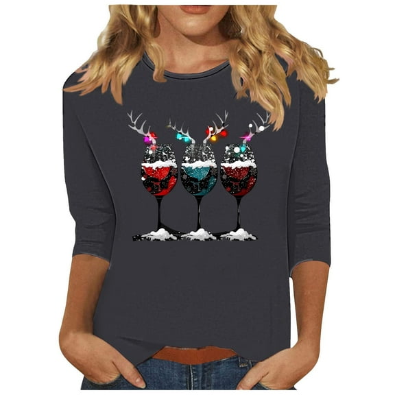 GA WEIHUA Saving,Women's Christmas T-Shirt Long Sleeve Basic Tees Red Wine Glass Print Tee Shirts Crew Neck Pullover Tops(Gray,XL)