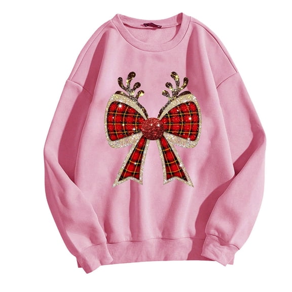 GA WEIHUA Saving,Womens Fashion Sweatshirt Long Sleeve Merry Christmas Crewneck Tops Casual Santan Bow Pullover Sweatshirts Casual Holiday Graphic Shirts(Pink,XL)