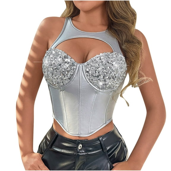 GA WEIHUA Sequin Tank Tops for Women Bustier Corset Top Sexy Hollow Out Slim Camisole Sleeveless Backless Club Party Wear(Silver,L)Saving