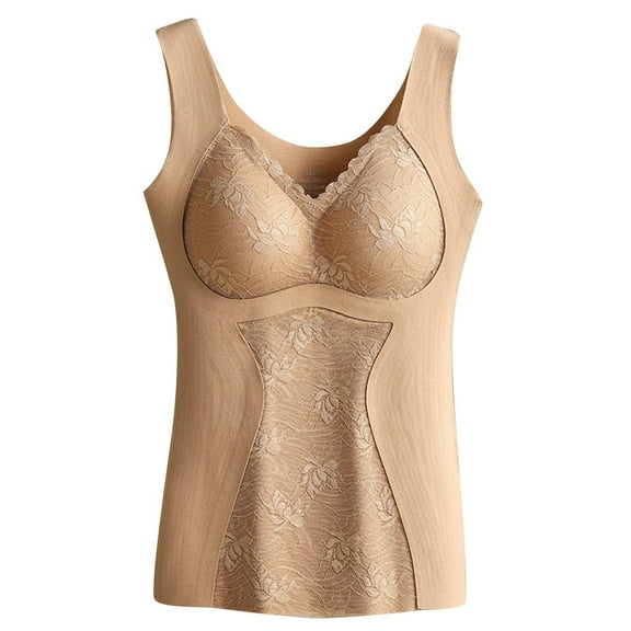 GA WEIHUA Shapewear Tank Tops with Built in Bra for Women Lace V Neck Soft Stretch Underwear Tops Body Shaper Tummy Control Camis Base Seamless Layer Vest(Beige,XXL)