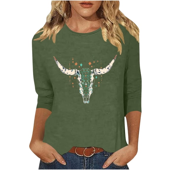 GA WEIHUA Shirts for Women Tops Western Aztec Ethnic Print T Shirts Dressy Casual Loose Fit Blouses 3/4 Length Sleeve Tees Fashion Tunic Top(Army Green,L)