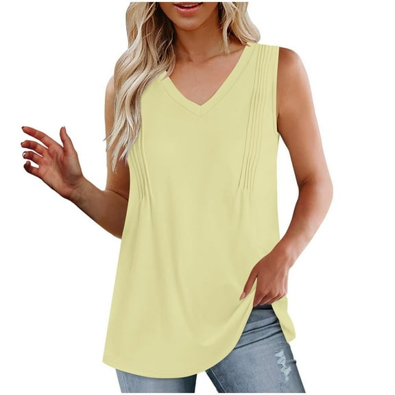 GA WEIHUA Solid Color Camis for Women Casual Cute Basic Sleeveless Tank Tunics Summer Casual V Neck Shirts Plain Pleated Flowy Blouses Curve Hem(Beige,XL)