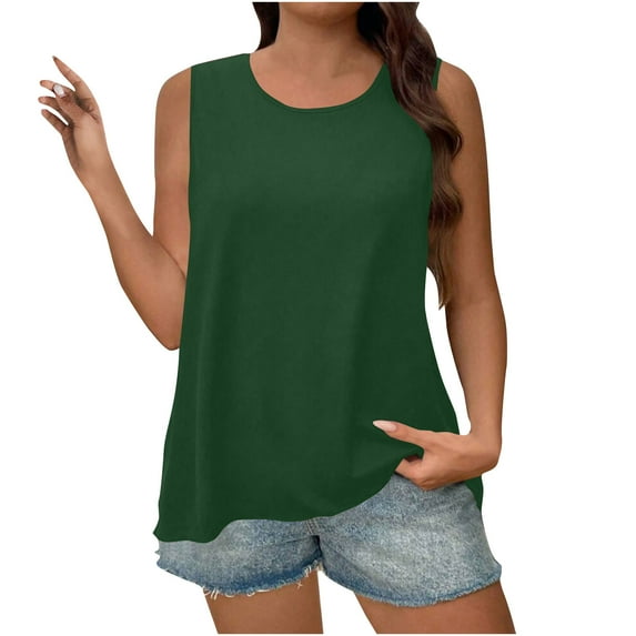 GA WEIHUA Summer Solid Color Tank Tops for Women Curve Hem Flowy Shirts Basic Sleeveless Crewneck Blouses Tess Loose Fit Tunics Blouse(Green,XL)