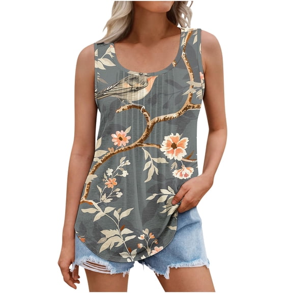 GA WEIHUA Summer Tank Tops for Women Vacation 2025 Pleated Crewneck Shirts Cute Floral Printed T Shirts Loose Fit Casual Flowy Tunic Sleeveless T Shirts(Multicolor,L)